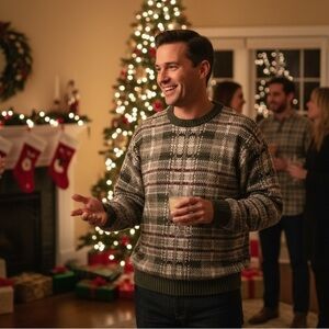 Vintage Basic Editions Men’s Sweater Green Plaid Knit Acrylic Pullover Size L Ma